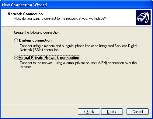 Na tela abaixo, selecionar a segunda opção Virtual Private Network Connection, e clicar na opção Next, conforme mostra a figura abaixo: No campo