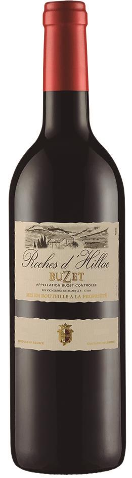 Buzet Roches D Hillac CARACTERÍSTICA: Com coloração vermelha intensa, possui aromas de frutas vermelhas que combinam por criar um bouquet intenso e prazeroso.