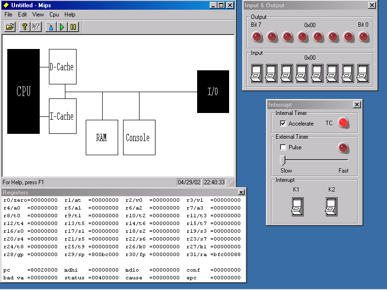 No MipsIt é possível ter uma visão geral do funcionamento do processador, como registradores, sinais de interrupção, portas de E/S e memória.