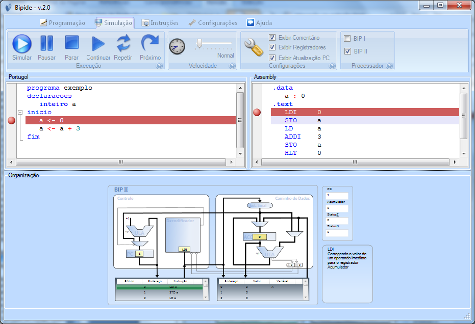 2.3.2 Simulador Conforme Vieira (2009), o módulo de simulação do Bipide, ilustrado na Figura 12, permite a visualização simultânea da linguagem de alto nível, linguagem assembly e a organização do