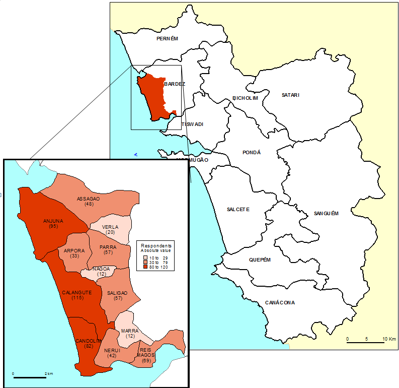 Figura 6.1 Delimitação da área de estudo Fonte: Inquérito aos agregados domésticos, 2000. As doze aldeias ocupam 34% da taluka de Bardez e 5% de North Goa.