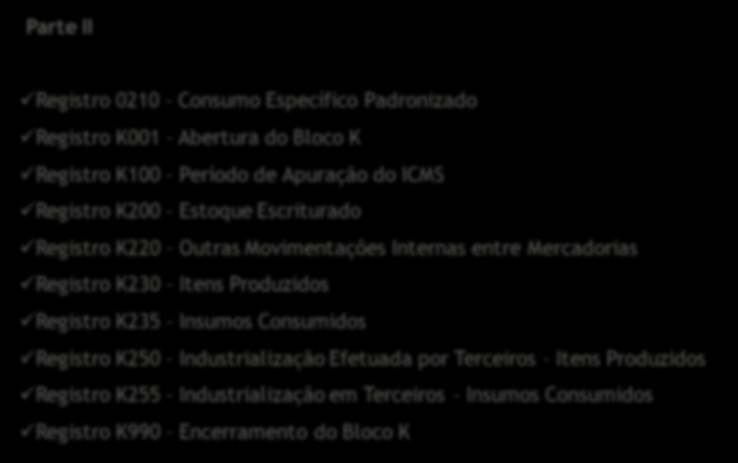 Agenda 3 Análise de Novos Registros com base em operações específicas Parte II Registro 0210 Consumo Específico Padronizado Registro K001 Abertura do Bloco K Registro K100 Período de Apuração do ICMS