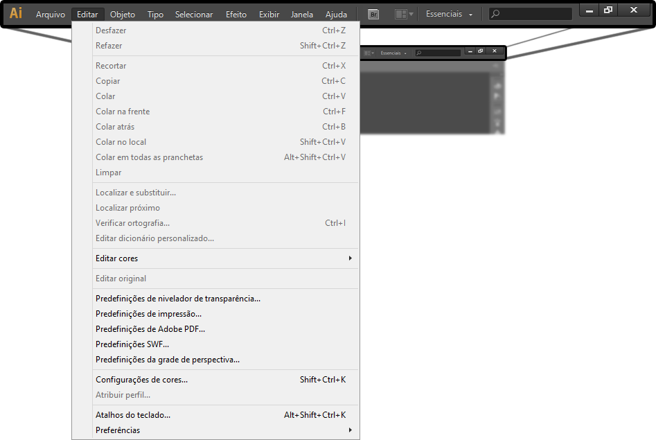 13 Menu editar Aqui estarão todas as opções de edição do Illustrator Também é um menu bastante comum em diversos softwares e possui funções gerais de edição como copiar, recortar,