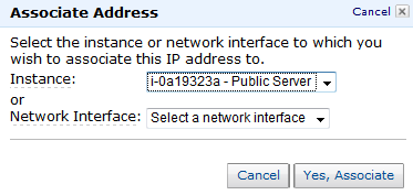 Selecione o seu Public Server no meu dropdown Instance: e clique Yes, Associate. Agora você será capaz de se conectar ao seu servidor publico usando o novo endereço Elastic IP.