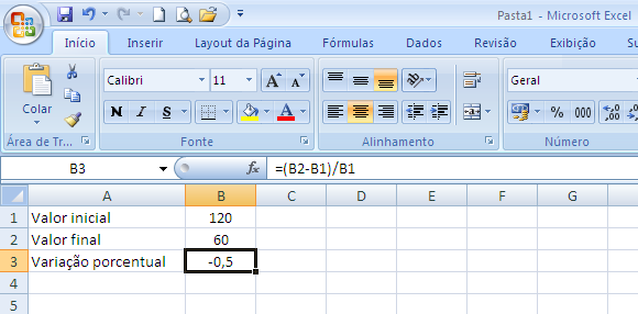 Exemplo 3: Cálculo da variação porcentual de um número para outro No exemplo acima, o aumento de 120 para 174 foi de 45% (0,45). Um aumento de 54 (174 120) em 120 corresponde a 45% pois 54 120 = 0,45.