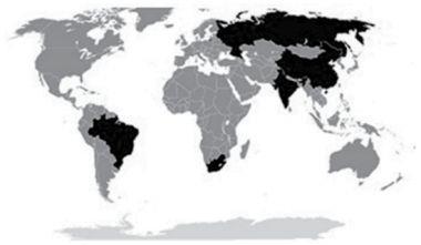 5. É correto afirmar que as regiões destacadas em preto no mapa representam os países que: a) formam os BRICS, conjunto de países emergentes que possuem características comuns como, por exemplo,