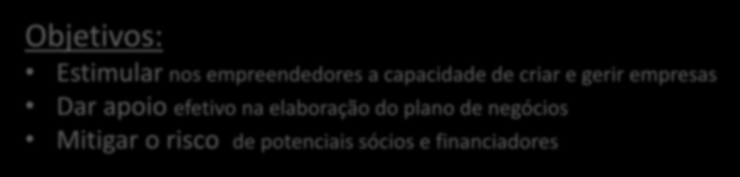 PLANO DE FORMAÇÃO Objetivos: Estimular nos empreendedores a capacidade de criar e gerir empresas Dar apoio efetivo na elaboração do plano de negócios Mitigar o risco de potenciais sócios e