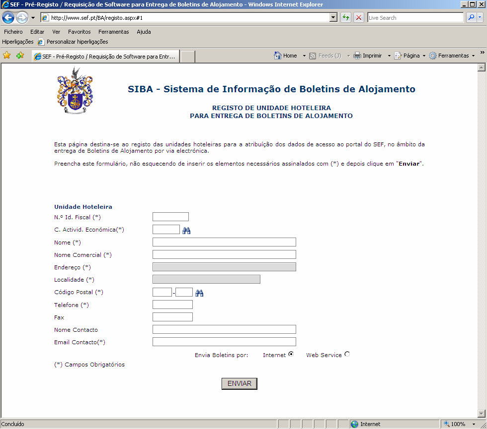 1ª FASE: PRÉ-REGISTO DE UNIDADES HOTELEIRAS (WWW.SEF.