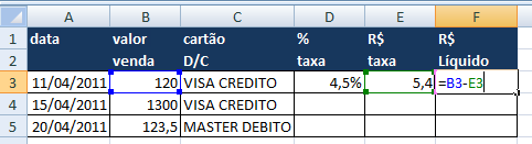 Passo-4: Cálculo da taxa em R$ (venda x taxa)