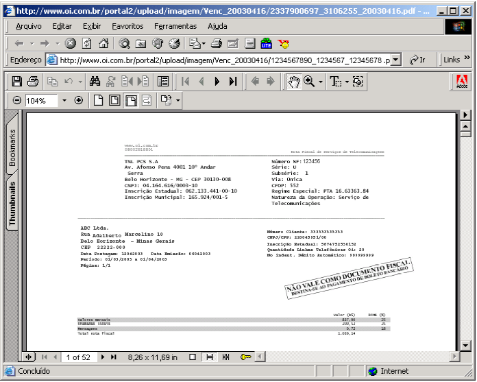 PDF da 2ª via da conta O PDF da conta será apresentado como na figura abaixo: Este PDF poderá ser salvo em seu computador para controle de