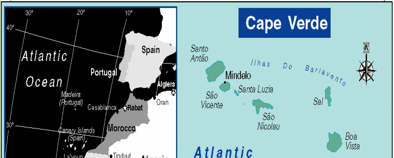 Breve contexto geral de Cabo Verde 10 ILHAS + 13 ILHEUS 17º 12 e 14º 48 N 22º44 e 25º 22 W Cerca de 500