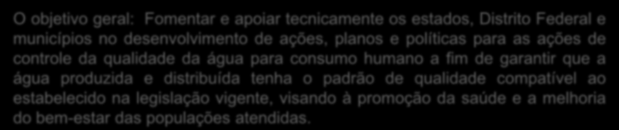 Programa Nacional de apoio ao Controle da Qualidade da Água (PNCQA) Portaria Funasa/MS nº 177/2011 O objetivo geral: Fomentar e apoiar tecnicamente os estados, Distrito Federal e municípios no