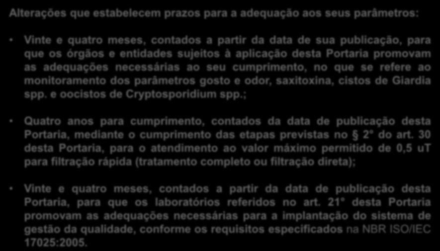 Alterações que estabelecem prazos para a adequação aos seus parâmetros: Vinte e quatro meses, contados a partir da data de sua publicação, para que os órgãos e entidades sujeitos à aplicação desta