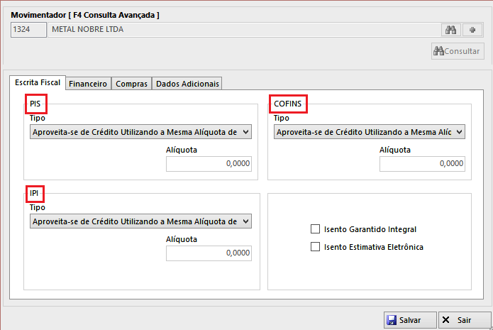 Regra do Cadastro de Fornecedor - Aproveita-se de Crédito Utilizando a Mesma Alíquota de Saída (Cadastro de Produtos): Utiliza a mesma alíquota de saída contida no cadastro do produto.