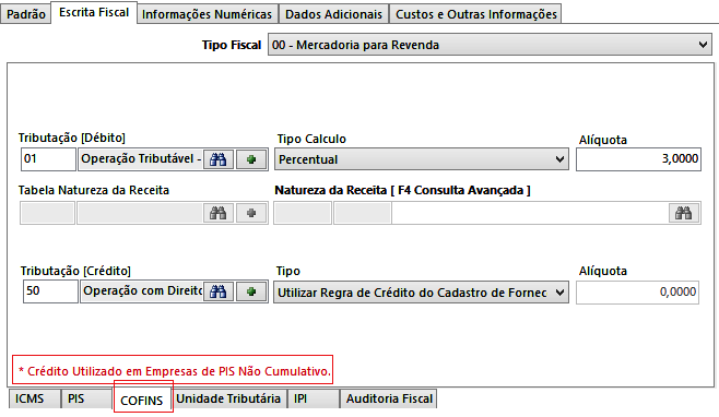 COFINS (Contribuição para Financiamento da Seguridade Social) Através dessa guia são informados as tributações de Entrada (Crédito) e Saída (Débito) de COFINS do produto, assim como a sua Natureza da