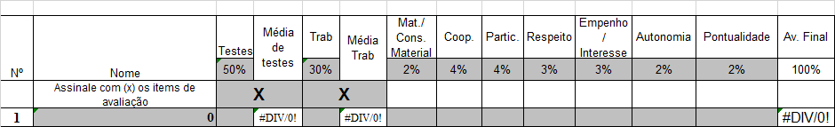 Atitudes e Valores - O aluno utiliza o material escolar exigido 2%; - Cooperação com colegas 4%; - Participação nas atividades propostas 4%; - Respeito 3%; - Empenho e interesse 3%; - Autonomia 2%; -