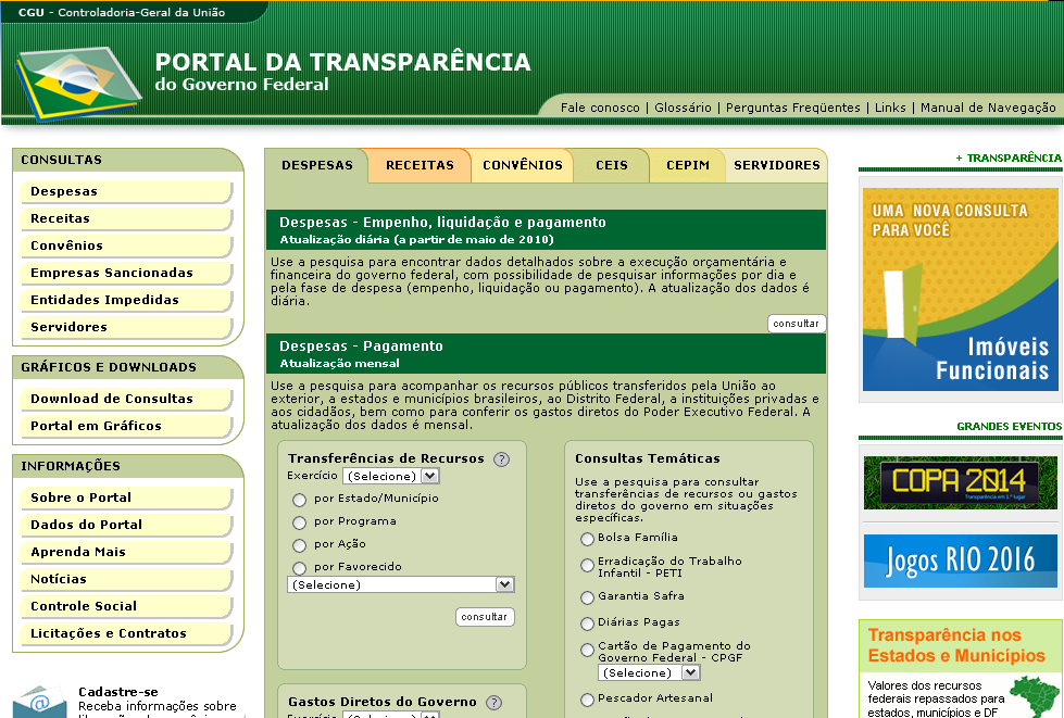 Empresas Suspensas Informações sobre Servidores Despesas e Receitas Atualização diária Transferências a