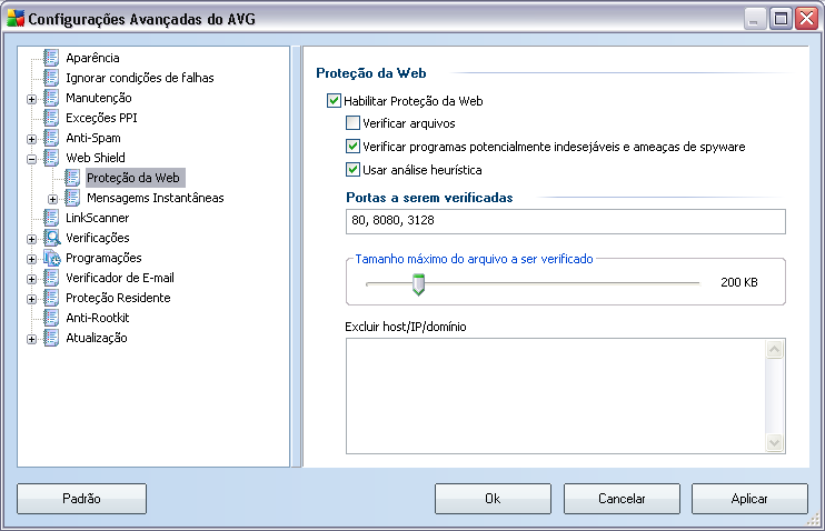 11.6.1. Proteção da Web Na caixa de diálogo Proteção da Web, você pode editar a configuração do componente com relação à verificação do conteúdo do site da Web.