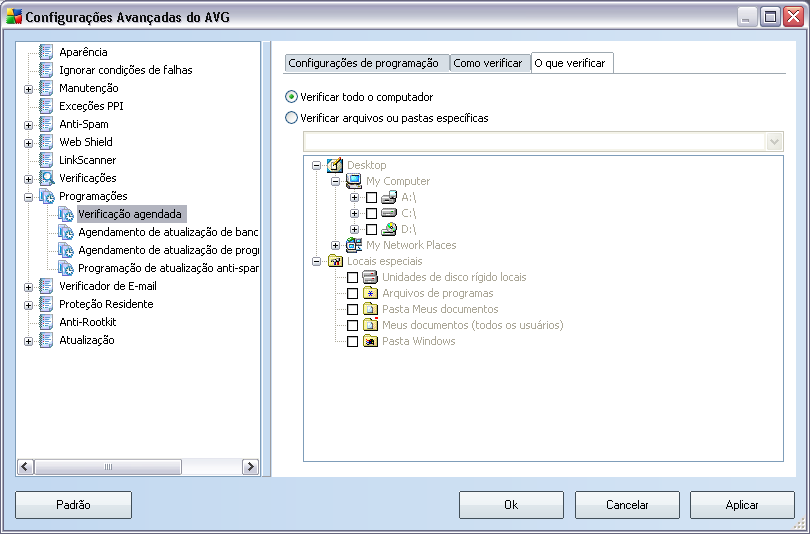 Na guia O que verificar, você pode definir se deseja programar a verificação de todo o computador ou a verificação de arquivos ou pastas específicas.