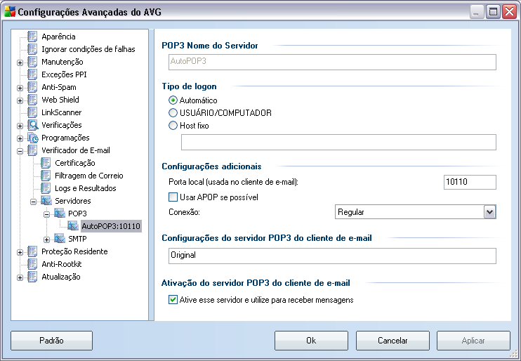 Nessa caixa de diálogo (aberta via Servidores/POP3), você pode configurar um novo servidor do Verificador de E-mail usando o protocolo POP3 para e-mails recebidos.