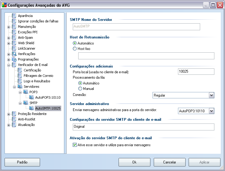 Nessa caixa de diálogo (aberta via Servidores/SMTP), você pode configurar um novo servidor do Verificador de E-mail usando o protocolo SMTP para mensagens enviadas: Nome do Servidor SMTP - digite o
