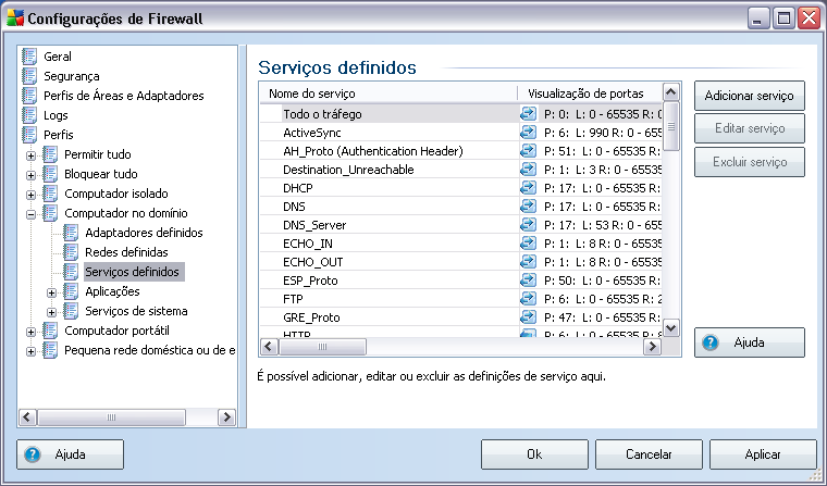 12.5.4. Serviços definidos A caixa de diálogo Serviços definidos abre uma lista de todos os serviços definidos para o aplicativo na configuração padrão e os serviços já definidos pelo usuário.