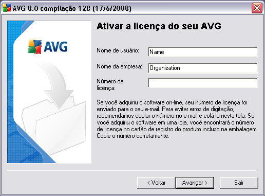 compra do AVG on-line. Digite o número exatamente como mostrado.