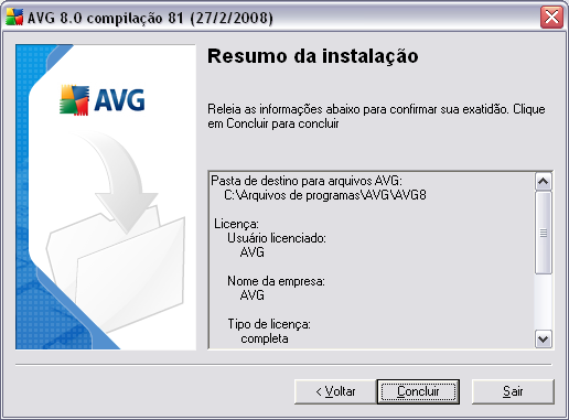 5.10. Resumo de configuração A caixa de diálogo Resumo da instalação oferece uma visão geral de todos os parâmetros do processo de instalação.