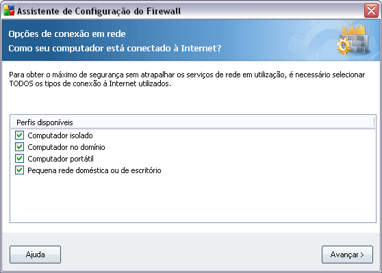 7. Assistente de Configuração do Firewall O Assistente de Configuração do Firewallé iniciado automaticamente logo depois da AVG 8.5 Internet Security instalação.