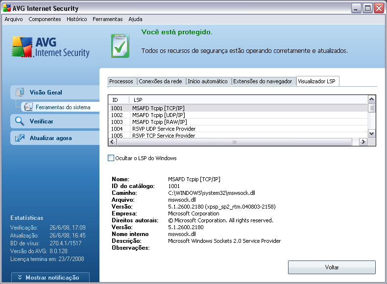 10.5.5. Visualizador LSP A caixa de diálogo Visualizador de LSP mostra uma lista de provedores de serviços em camadas (LSP, Layered Service Providers).