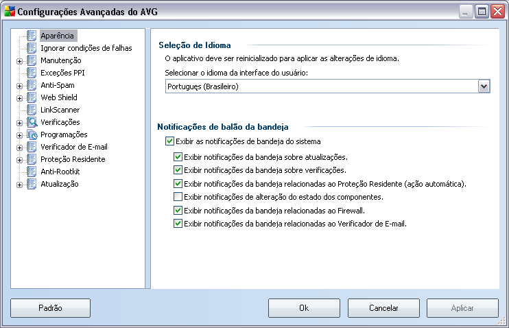 11. Configurações Avançadas do AVG A caixa de diálogo de configuração avançada do AVG 8.5 Internet Security é aberta em uma nova janela denominada Configurações Avançadas do AVG.