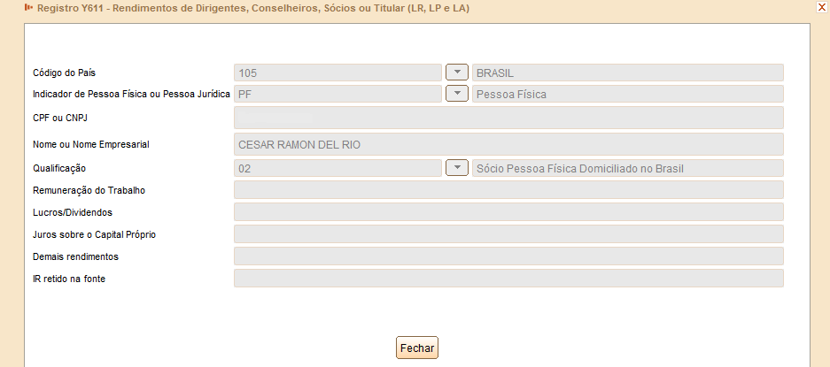 9.4 Registro Y611 - Rendimentos de