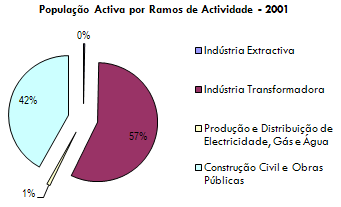 GRÁFICO 6 - POPULAÇÃO ATIVA POR RAMO DE ATIVIDADE 2001 Dos gráficos 5 e 6, o ramo de atividade responsável pelo aumento de ativos, entre 1991 e 2001, no setor secundário foi a construção civil e