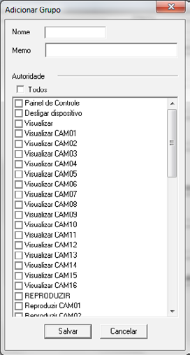 Para adicionar um grupo, siga o procedimento: 1. Clique no botão Adicionar Grupo. Uma tela será exibida conforme a figura Adicionar Grupo; 2. Digite o nome do grupo; 3.