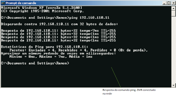 Teste da conexão do DVR Em um computador conectado na mesma rede que o DVR, entre no Prompt de comando, conforme a figura a seguir. Na tela Prompt de comando, digite ping e o endereço IP do seu DVR.