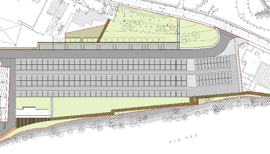 O parque de estacionamento tardoz (privativo) irá ter continuidade e ligação ao parque de estacionamento público, com um sistema de controle de acessos.