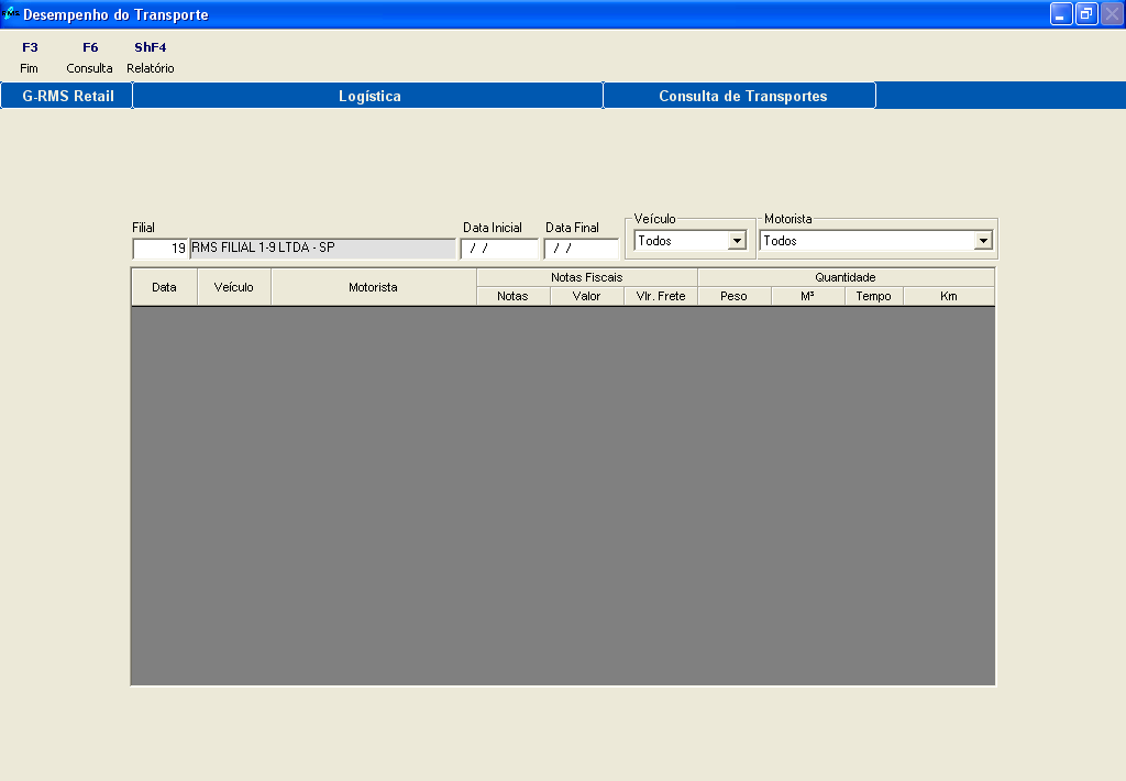 Função Transp. Motorista O programa vai abrir a tela de Consulta de Transportes, que poderá ser feita das seguintes formas: Consulta.