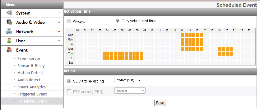 Scheduled Event Activation Time Action > > Always : você pode usar sempre por meio da utilização do servidor FTP, independentemente do tempo de ativação.