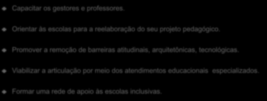 Capacitar os gestores e professores. Orientar às escolas para a reelaboração do seu projeto pedagógico.