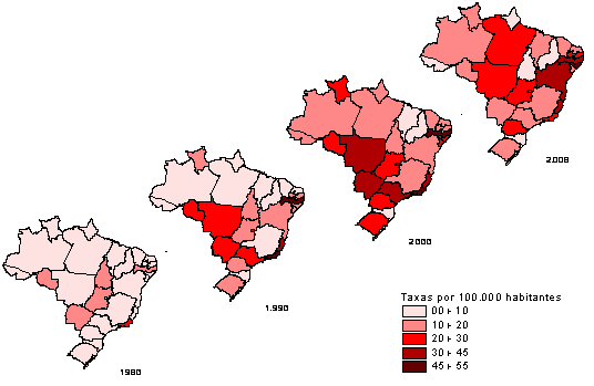 Mapa 1. Evolução das taxas de morte PAF no Brasil por UF: Fonte: elaborado pelos autores a partir dos dados das Datasus/ MS para saúde e IBGE para população. 2.