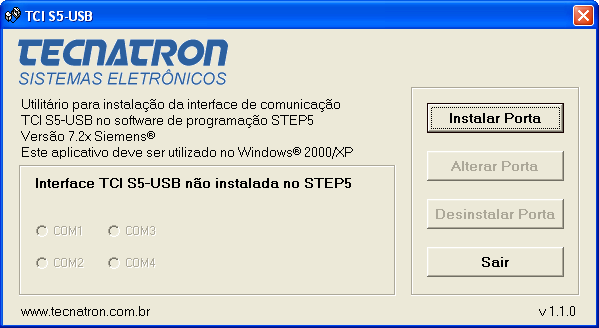 Na janela TCI S5-USB Choose Program Group a instalação sugere o nome do grupo do programa como Tecnatron. Este grupo será criado no menu Iniciar Programas do Windows. Clique no botão Continue.