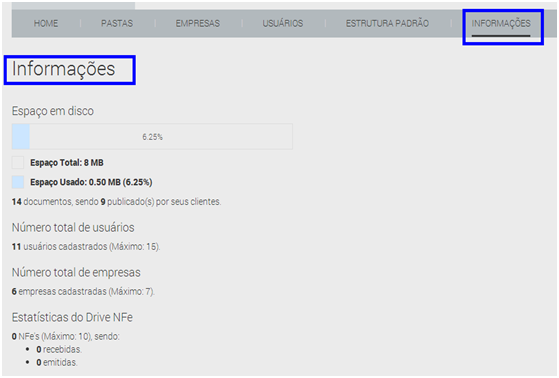 Tela Botão Excluir pasta na estrutura padrão Menu Informações Esse menu apresenta ao usuário o espaço total utilizado e disponível para a publicação