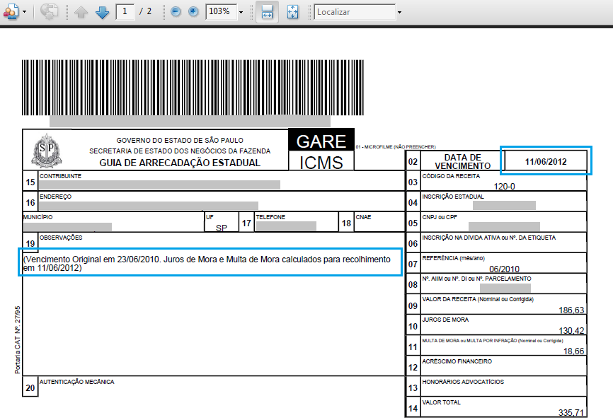 Tela da GARE: A data de vencimento da GARE corresponde à data de pagamento escolhida na tela anterior.