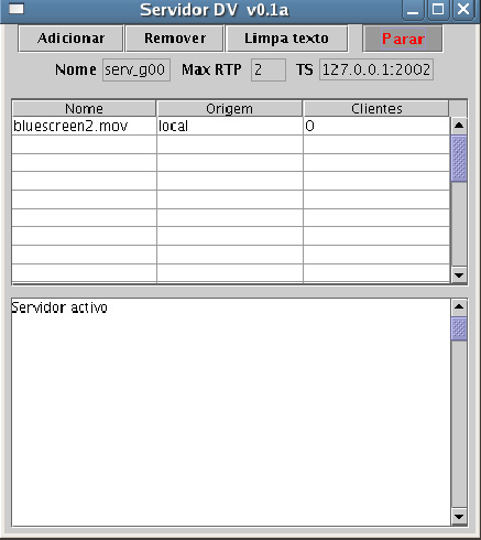 2.2.3 Interface gráfica A interface gráfica do servidor inclui botões para adicionar ficheiros (Adicionar), para remover ficheiros da lista (Remover), para limpar o texto (Limpa Texto), e o botão