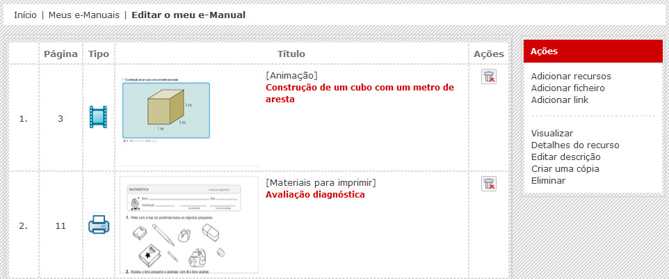 . Se pretender associar ao seu e-manual recursos do BRIP, selecione a opção Adicionar recursos.. Escolha a página do e-manual à qual pretende associar os recursos. 5.