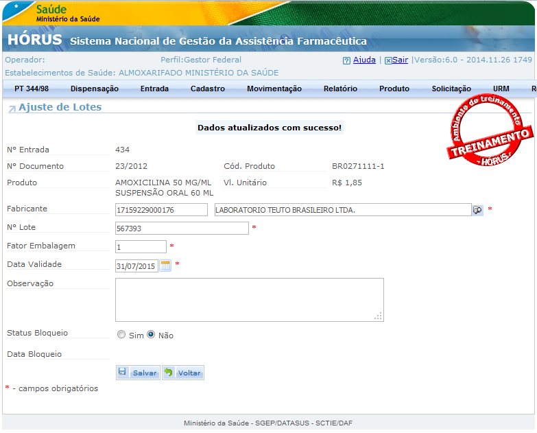 Atenção! A quantidade apresentada nessa tela é referente à quantidaderegistrada no momento da entrada. Não é referente ao estoque existente no estabelecimento.