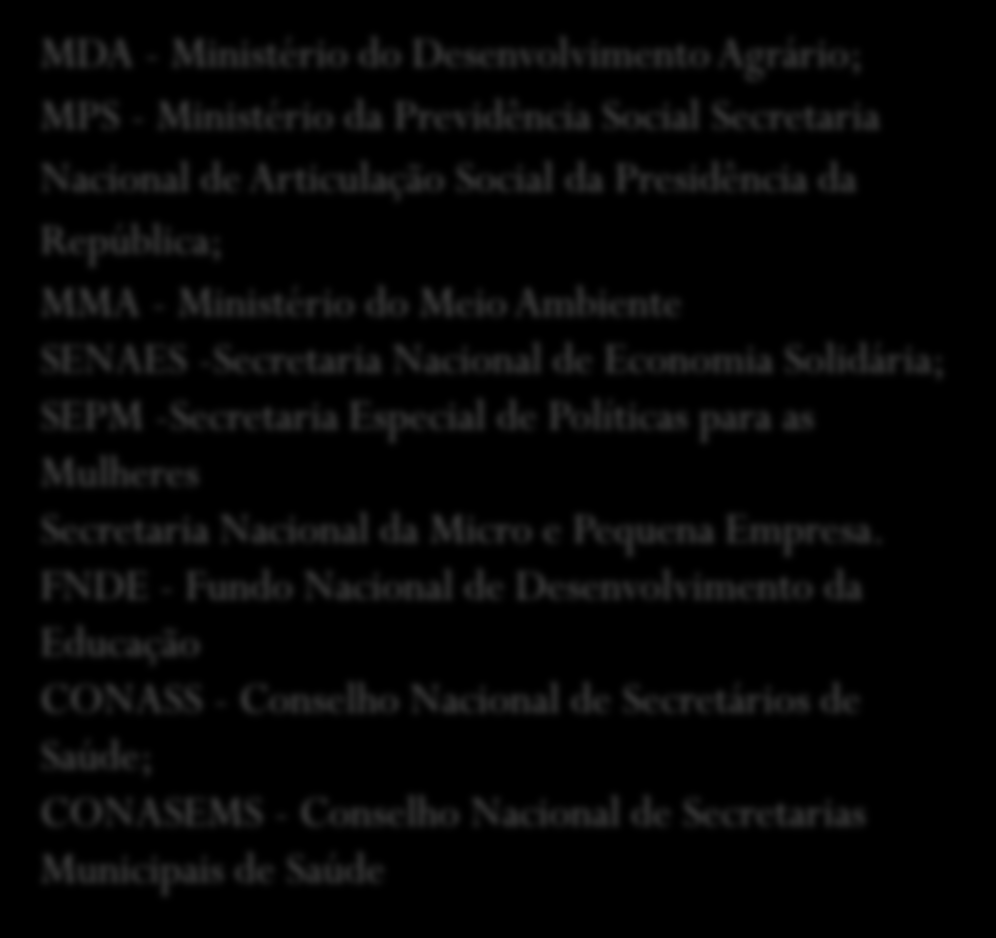 Principais Atores Envolvidos e Beneficiados Microempreendedores individuais Agricultores familiares Empreendedores da economia solidária Áreas internas da Anvisa, GTVISA Vigilâncias Estaduais e