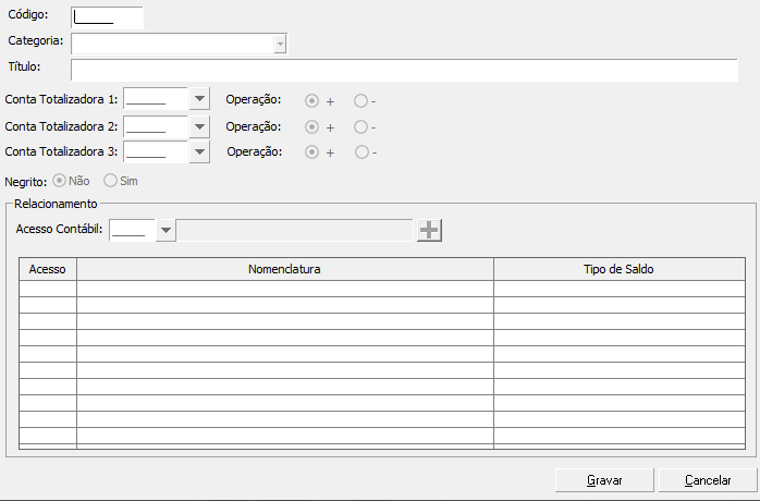 Fig. DRE Demonstração de Custos e Resultados Mod I Campos e opções disponíveis no cadastro de uma conta: Opção Código Categoria Título Conta Totalizadora 1, 2 e3 Operação +/- Negrito