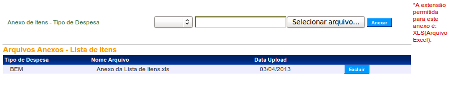 Figura 10 Após anexar o arquivo, o sistema disponibiliza na seção Arquivos Anexos Lista de Itens, a listagem dos arquivos incluídos, contendo as colunas de Tipo de Despesa, o Nome do Arquivo, a data