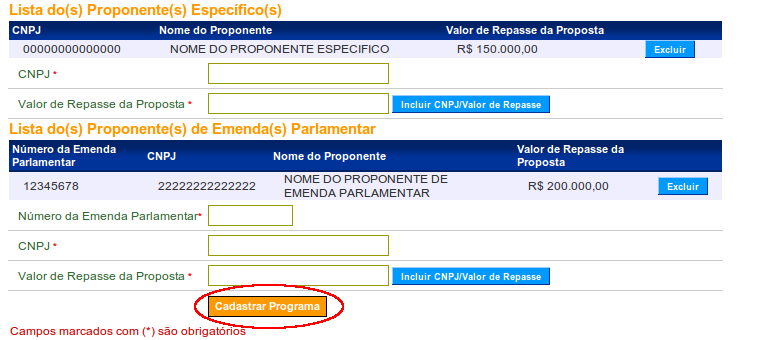 Figura 14 Após clicar em Cadastrar Programa, o sistema exibirá mensagem: Dados do Programa de Convênio inseridos com sucesso! Insira o(s) Objeto(s).